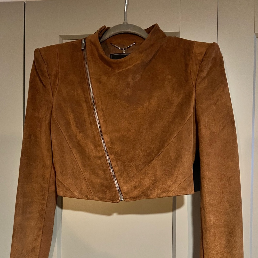 BCBGMaxAzria Cropped Suede Moto Jacket in Cognac Brown